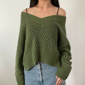 Spring Green Open-Knit V-Neck Oversized Cropped Sweater Dynamite 100% Cotton